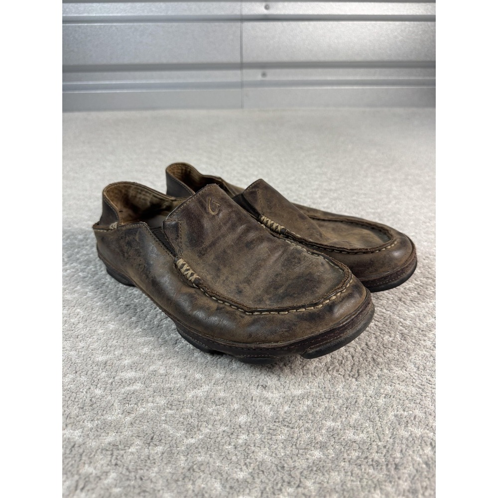 OluKai Moloa Shoes Mens‎ Size 8.5 Brown Leather Slip On Loafers 10128-6348